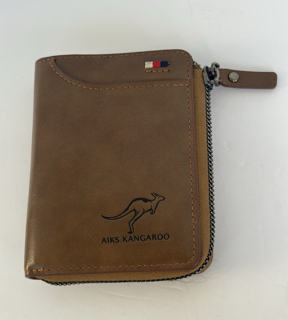 AIKS Kangaroo Mens Leather Wallet Brown Zip Around Bifold Card Holder ID Slot